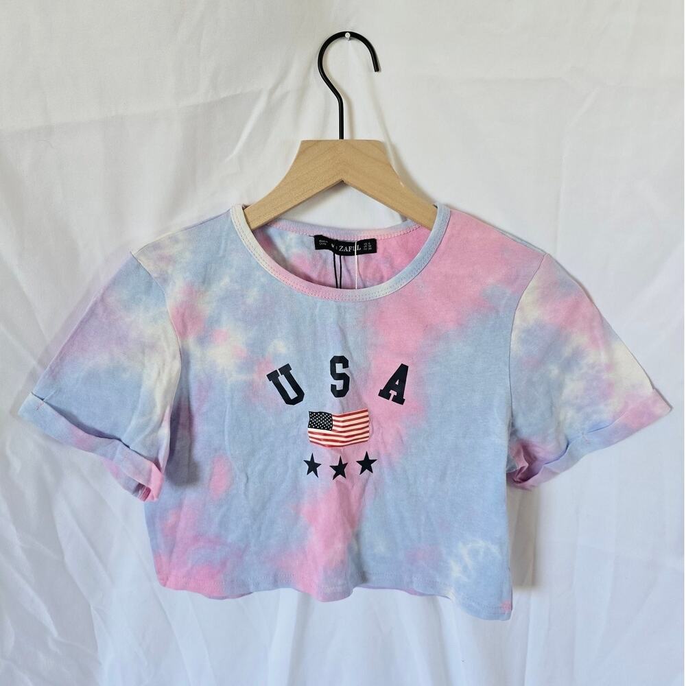 Zaful USA Tie-Dye Crop Top S/M Red White Blue NWOT Patriotic Tee